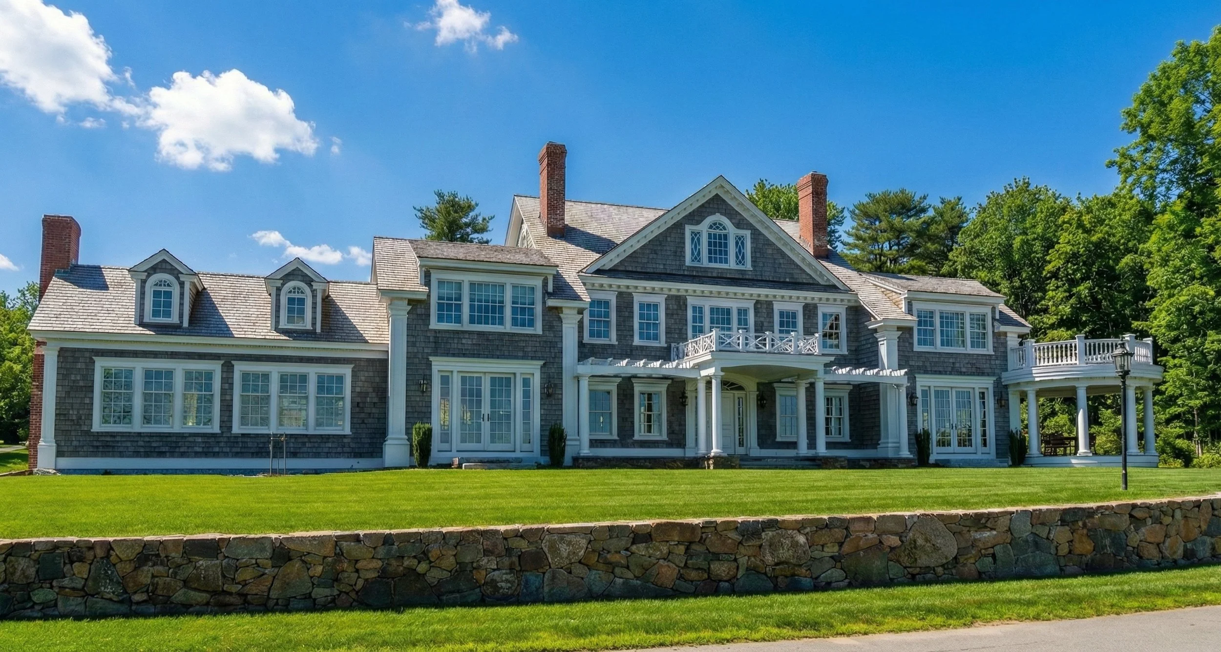 A large Georgian-style house with gray shingles, white trim, multiple chimneys, large windows, and a front porch, surrounded by a well-manicured lawn and tall trees.