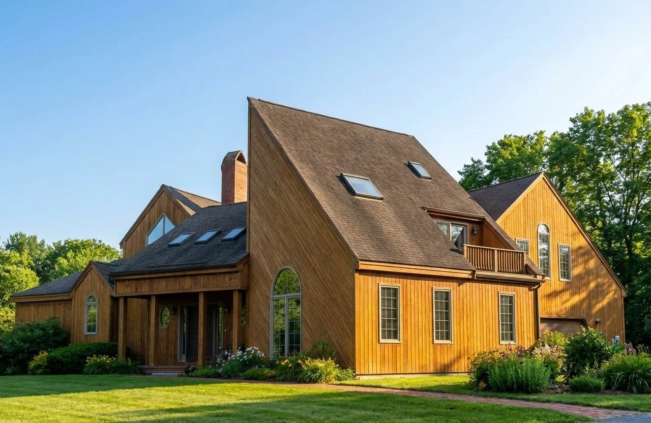 A large wooden house with a distinctive architecture featuring sloped roofs, multiple windows, and a small balcony, surrounded by a well-maintained lawn and garden.