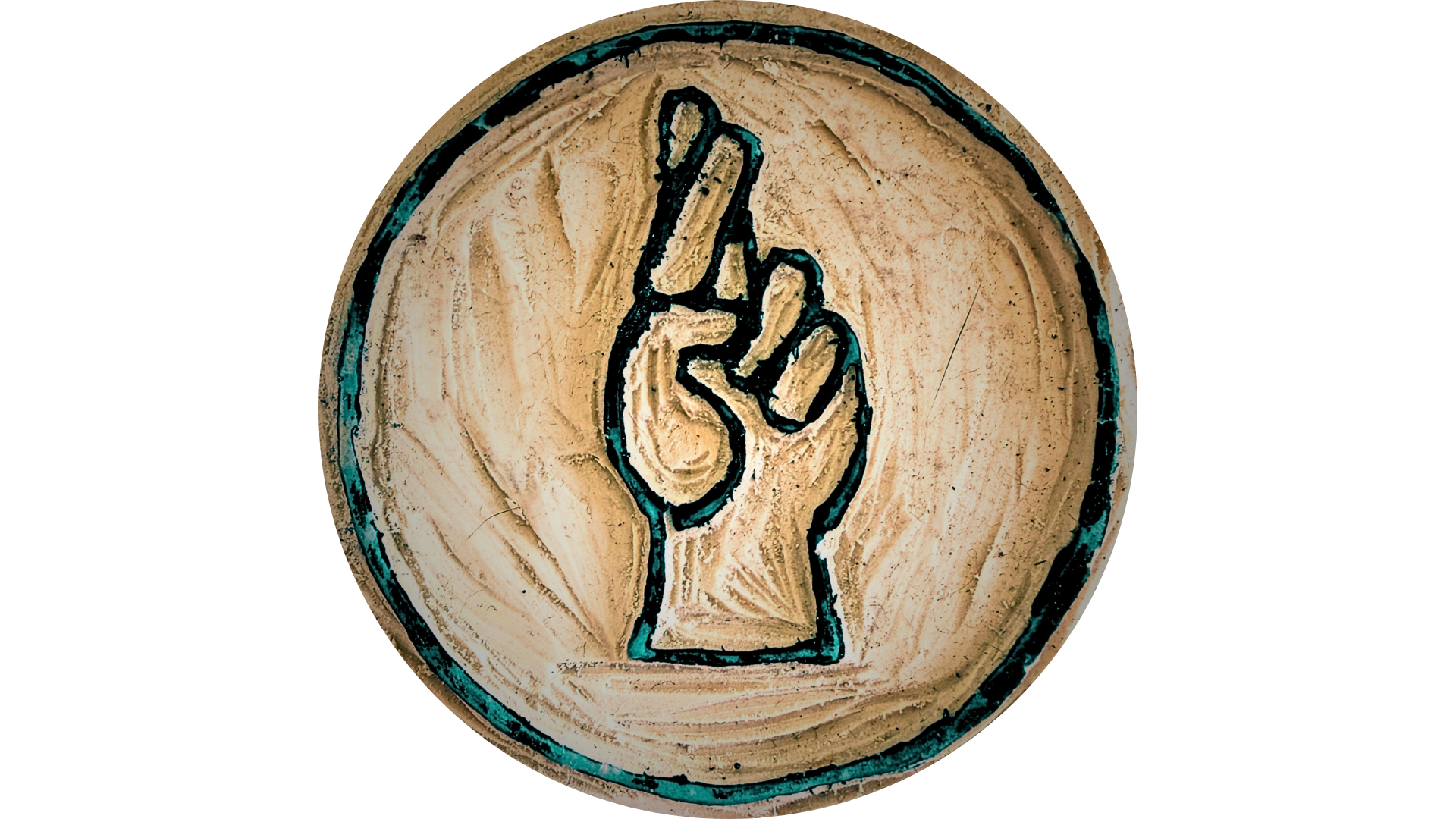 Dry Cloak Logo - A dug out stamp of a dark teal circle, with a "fingers crossed" symbol in the center