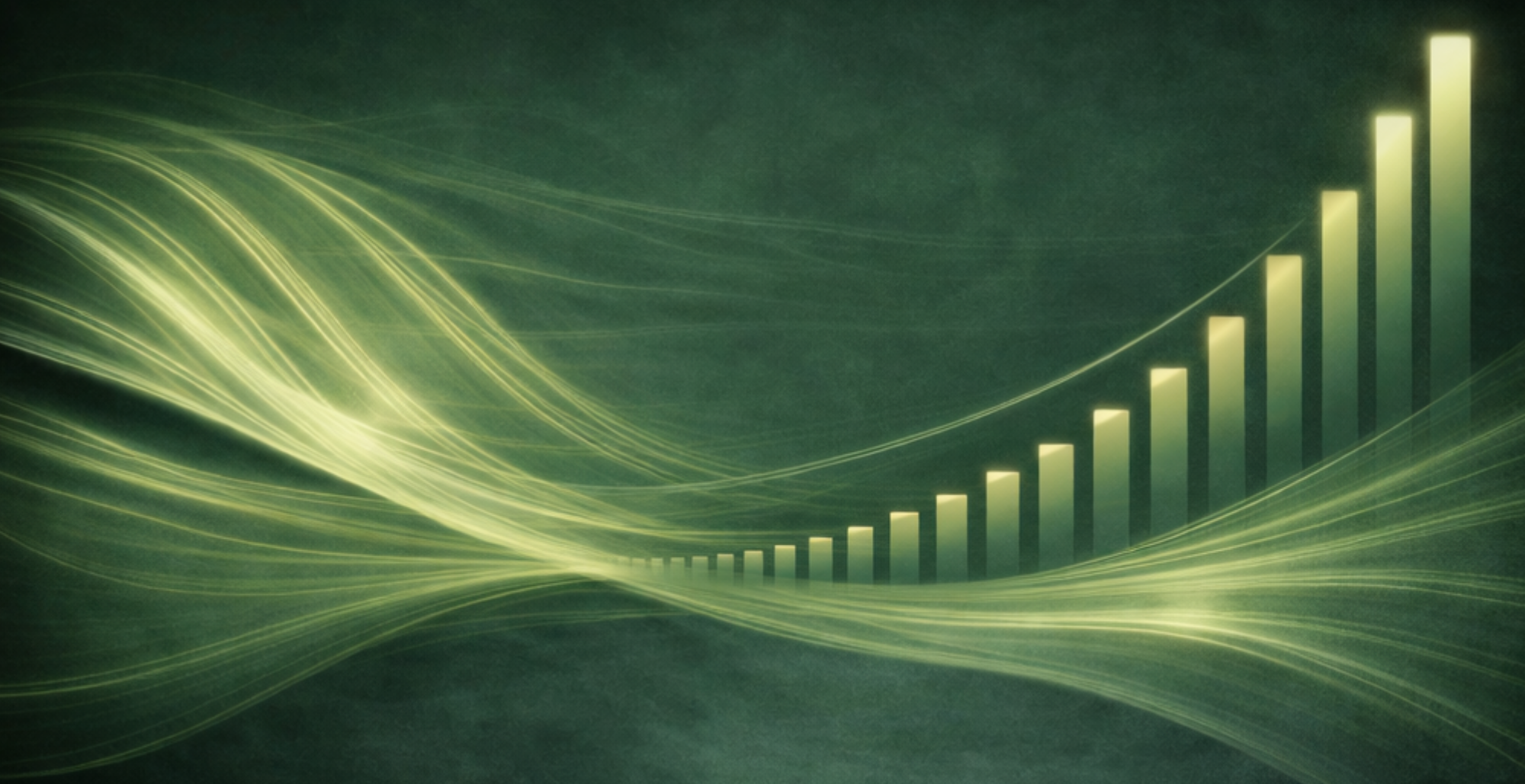 Digital illustration of black and yellow bars forming an upward trending graph with glowing light streaks in a dark background.