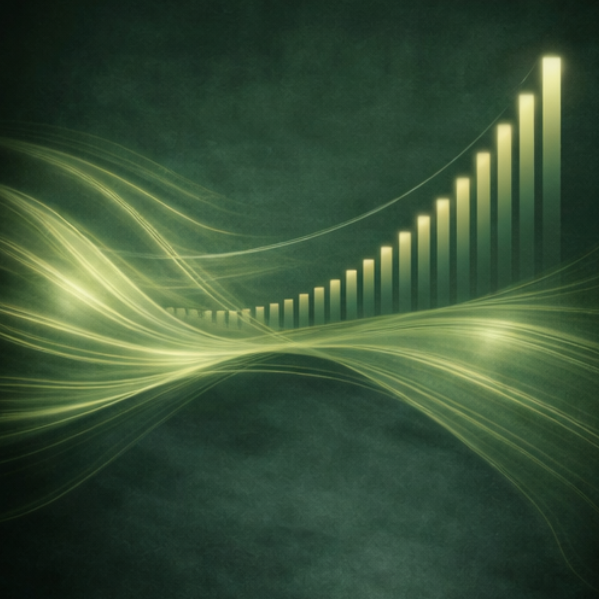 Green abstract digital background with upward trending bar graph and flowing light streaks.