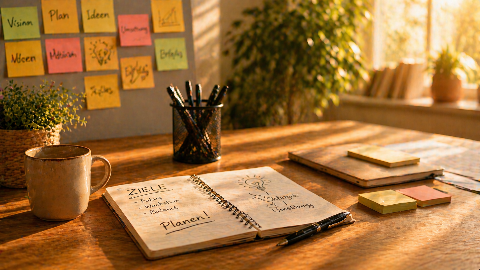 Arbeitsplatz mit Notizbuch, Stiften, Kaffeetasse und Post-its, im Hintergrund Pflanzen und Sonnenlicht durch Fensterscheiben.