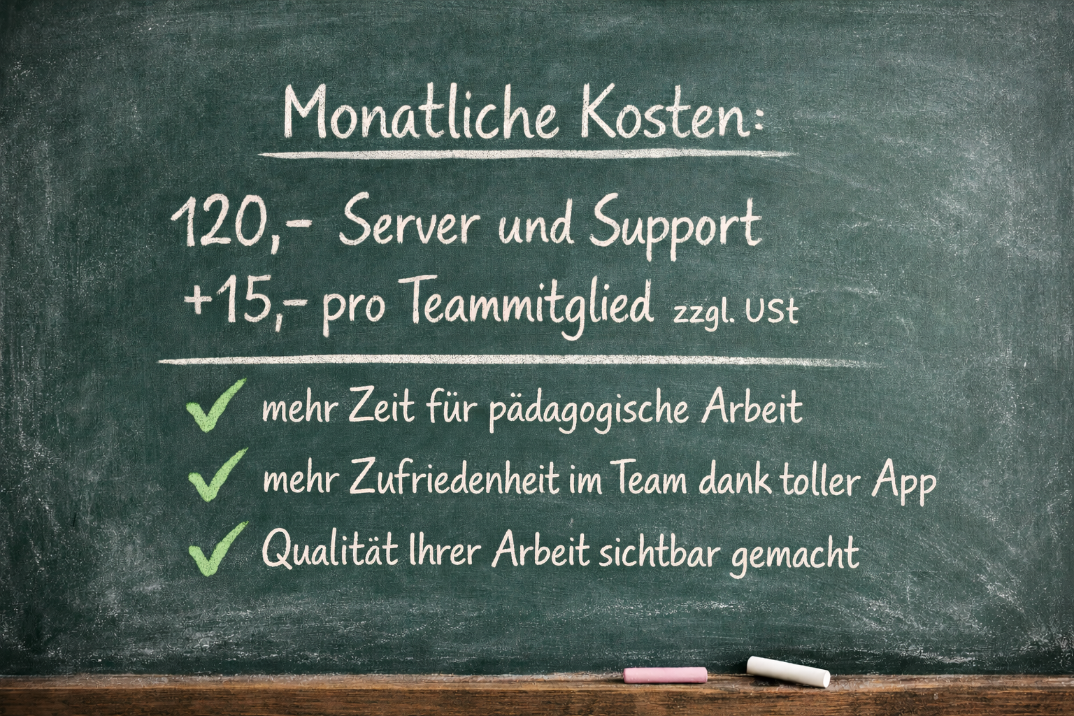 Tafel mit Monatskosten und Vorteilen für Teamarbeit, mit grünen Häkchen neben den Vorteilen