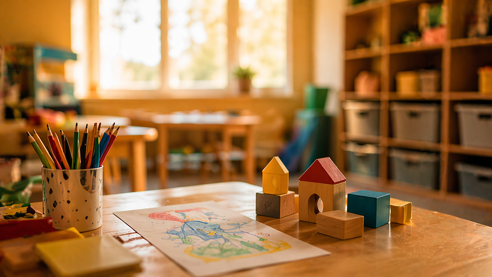 Bunt dekorierte Kinderspielzeug auf einem Holztisch, mit bunten Buntstiften, Holzhaus- und Bausteinen, Farbzeichnungen und einem Regal im Hintergrund mit Spielsachen, in einem warm ausgeleuchteten Kindergartenraum.