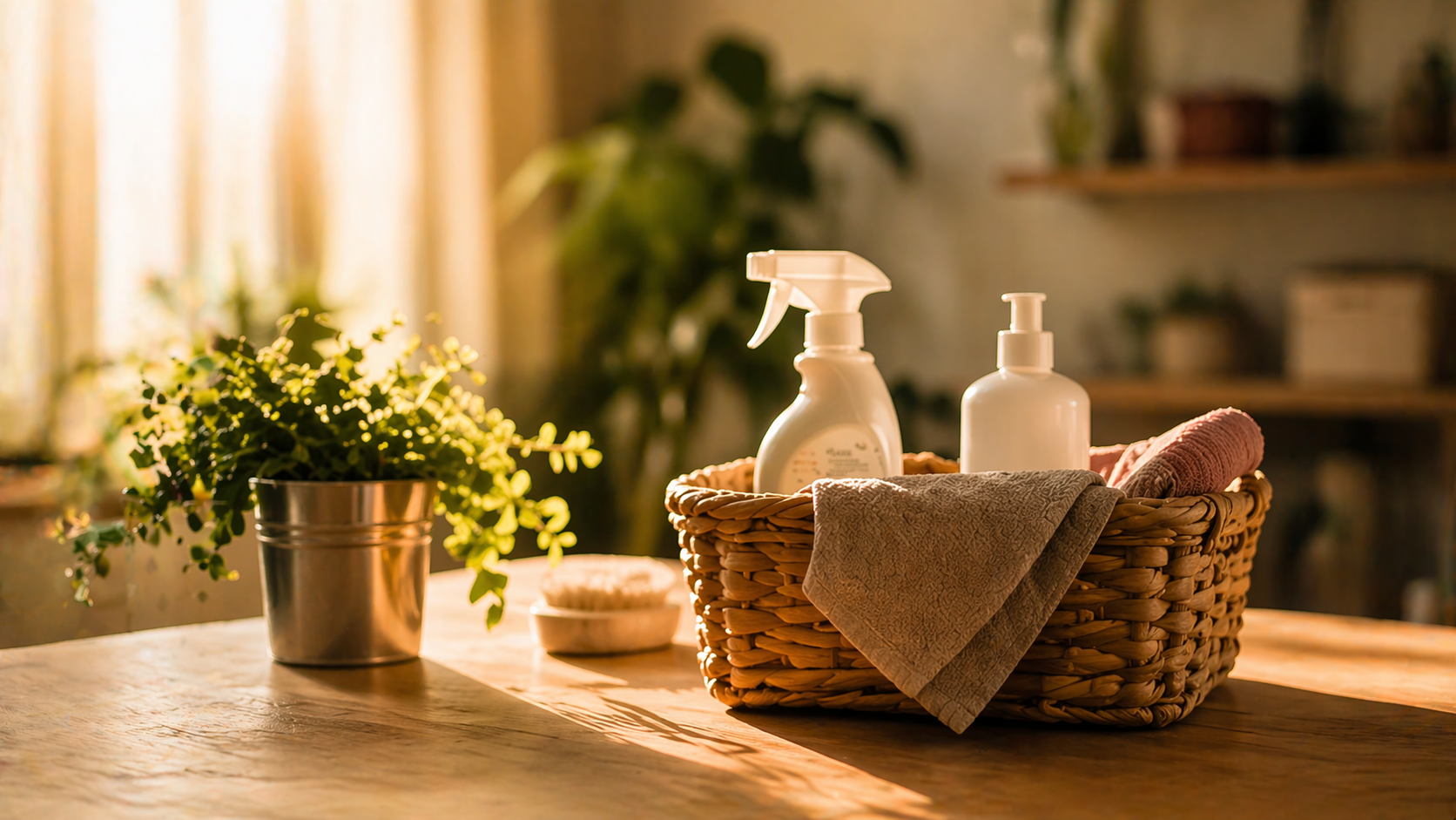 Gesichtsfels- und Handdesinfektionsmittel in einem Korb auf einem Holztisch, daneben eine Topfpflanze, im warm beleuchteten Raum.