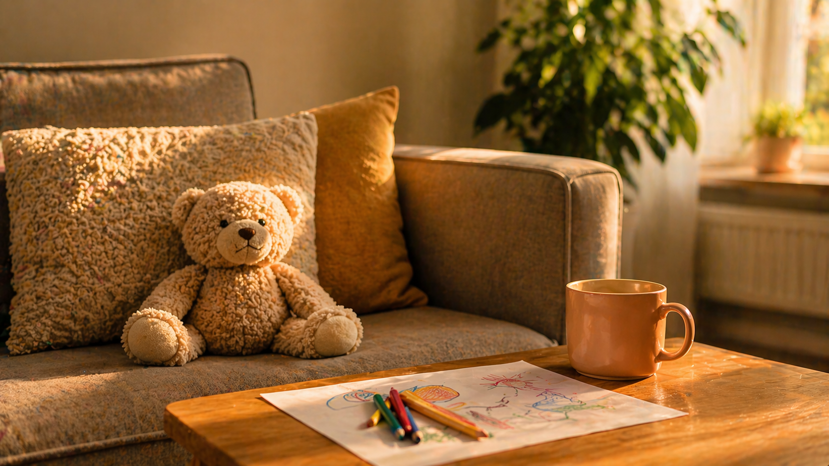 Gemütliches Wohnzimmer mit einem Stoffsofa, bunten Kissen, einem Teddybär, einem Papagei auf dem Fensterbrett, einer Tasse und Kinderzeichnungen auf einem Holztisch, Sonnenlicht durch das Fenster.