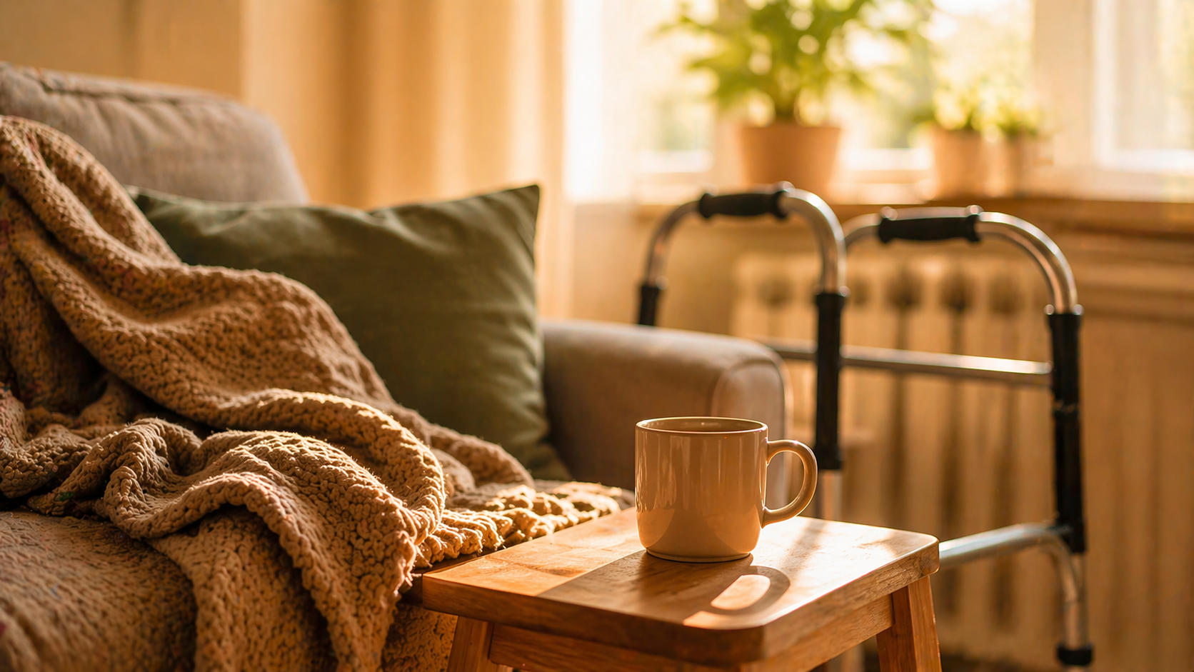 Gemütliches Wohnzimmer mit einem Sofa, einem Kaffeebecher auf einem kleinen Holztablett und einem Gehhilfe im Hintergrund, Sonnenlicht strömt durch die Fenster.