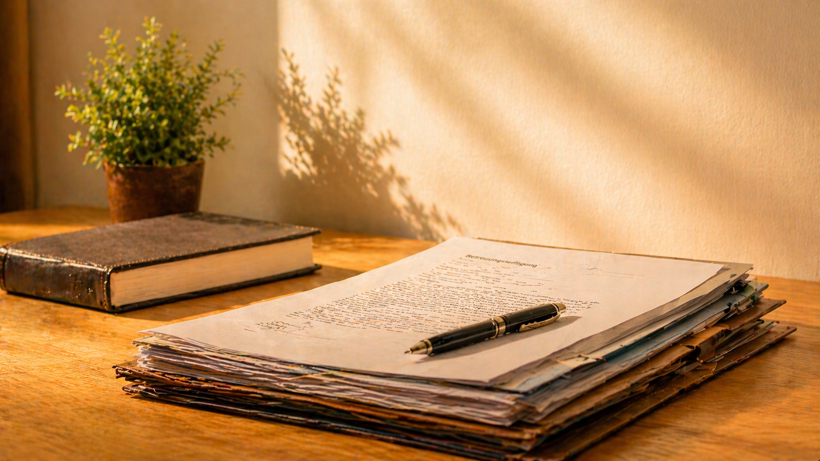 Ein Schreibtisch mit einer großen Menge an verknüllten Papieren, einem Kugelschreiber, einem angehobenen Buch und einer Topfpflanze in der Ecke, alles im warmen Sonnenlicht.