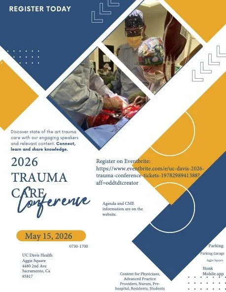 Promotional flyer for the 2026 Trauma Care Conference scheduled for May 15, 2026, featuring images of medical professionals attending to a patient, with event details and registration information.