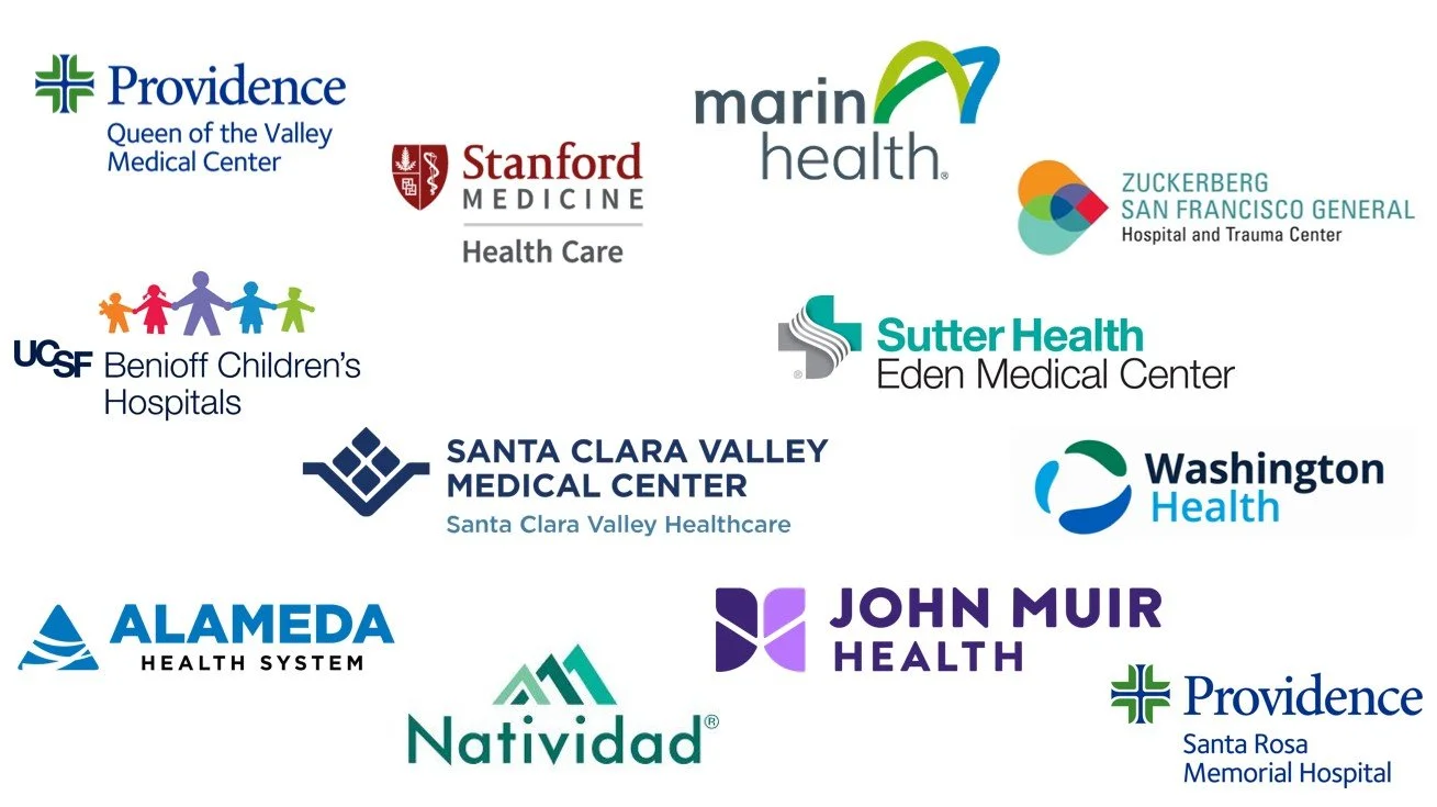 Collection of logos for various healthcare organizations including Providence, Stanford Medicine, MarinHealth, Zuckerberg San Francisco General, UCSF Benioff Children's Hospitals, Sutter Health Eden Medical Center, Washington Health, Santa Clara Valley Medical Center, Alameda Health System, Natividad, John Muir Health, and Providence Santa Rosa Memorial Hospital.