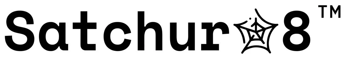 Logos of Satchur 8 with a spider web design replacing the letter 'o' in 'Satchur'.