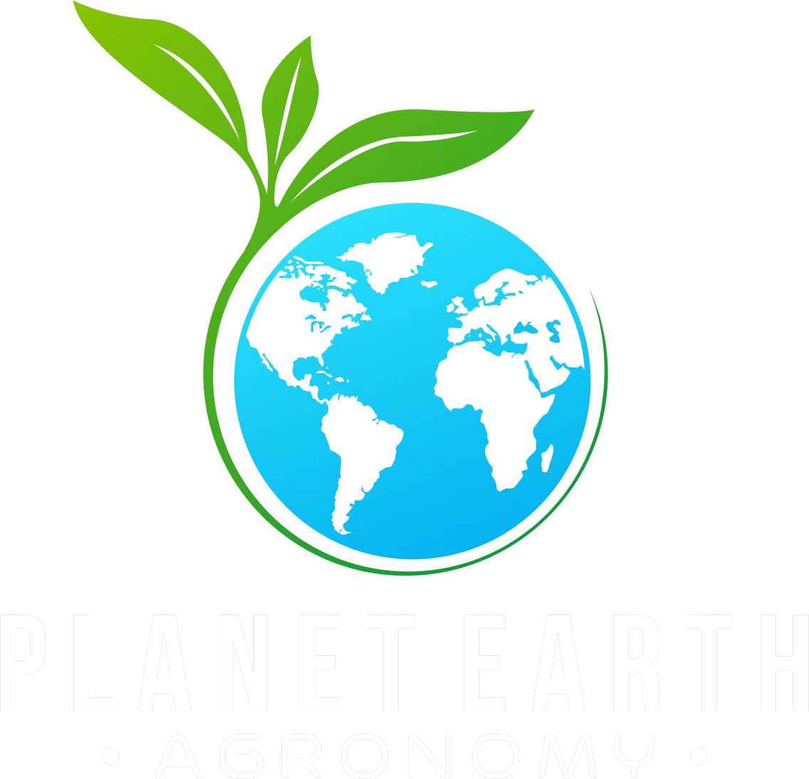 A logo for Planet Earth Agronomy featuring a blue Earth with continents and green leaves growing from the top, with the text 'PLANET EARTH' in large gray letters and 'AGRONOMY' in smaller white letters below.