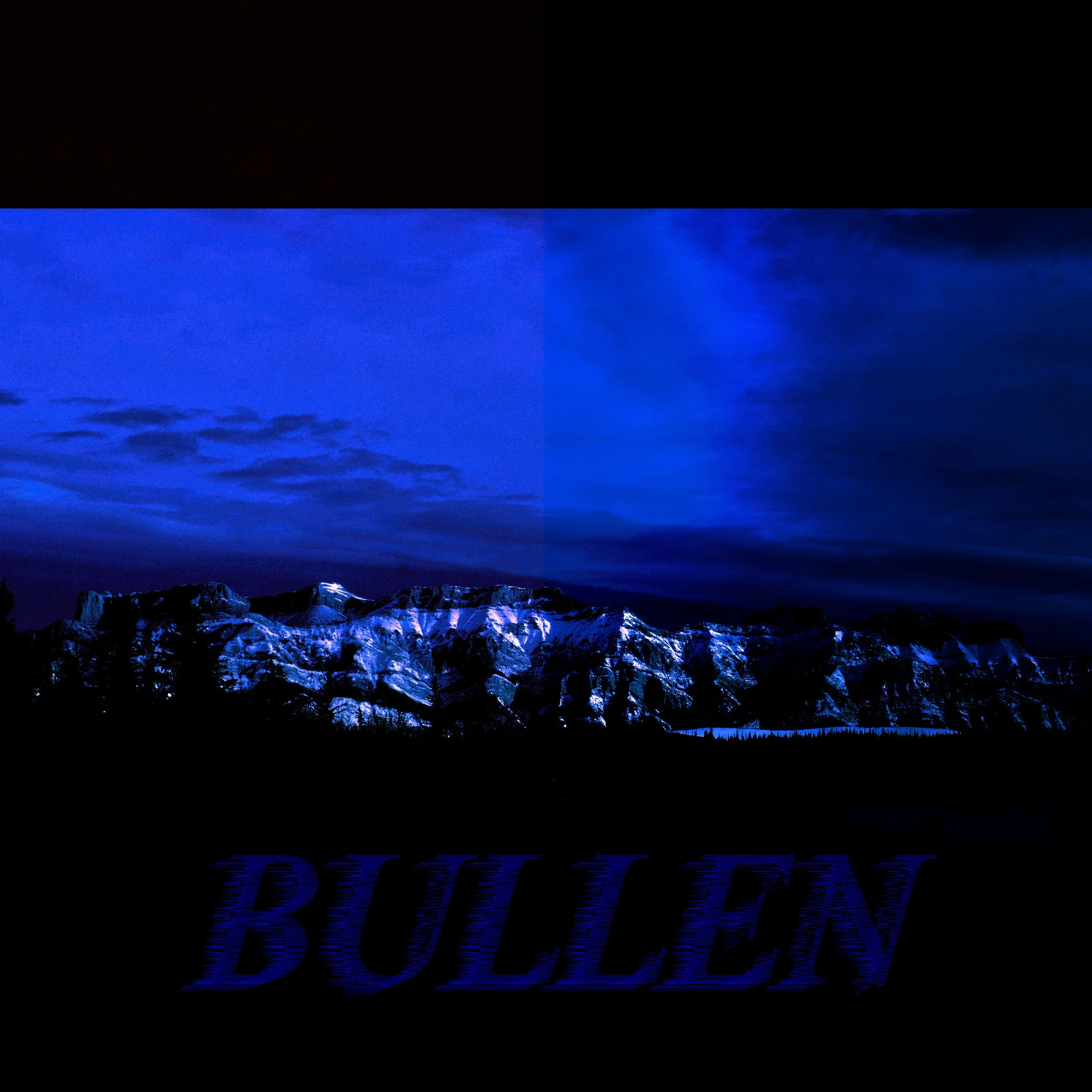 Nighttime landscape of snow-covered mountains under deep blue sky with clouds, with reflective water in the foreground and illuminated text reading 'Discover the Great Outdoors'