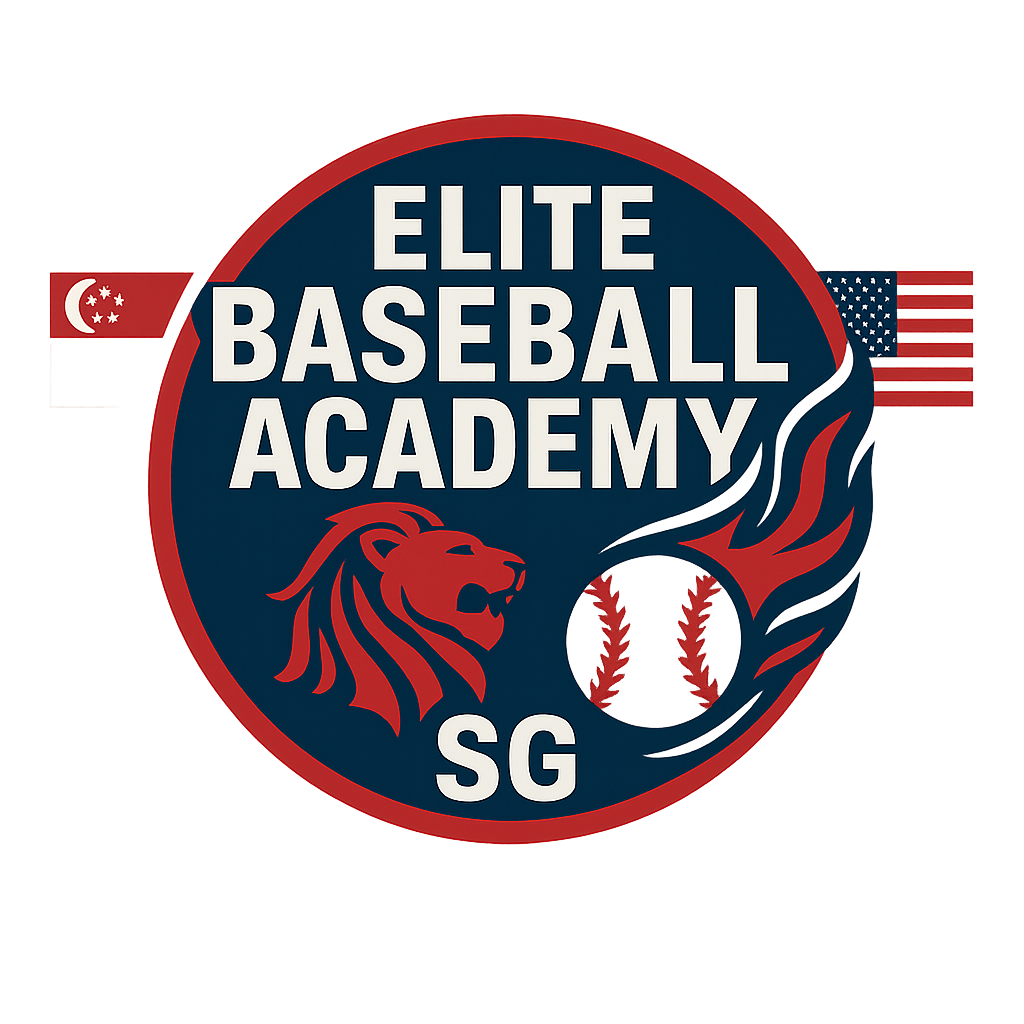 Logo of Elite Baseball Academy, featuring a lion's head and flames, with Singapore and American flags on either side.
