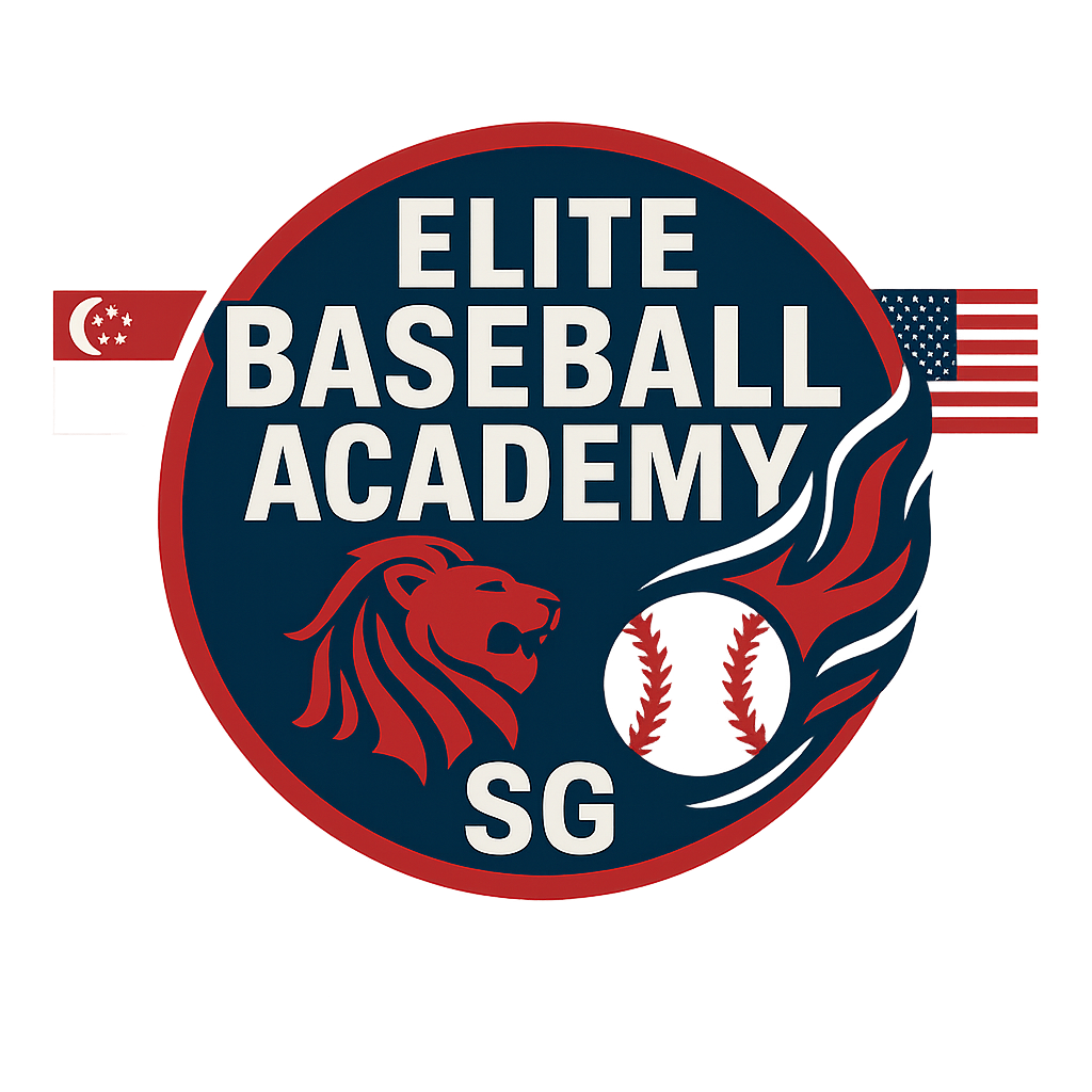 Logo for Elite Baseball Academy SG, featuring a lion, flames, the Singapore flag, and American flag elements.