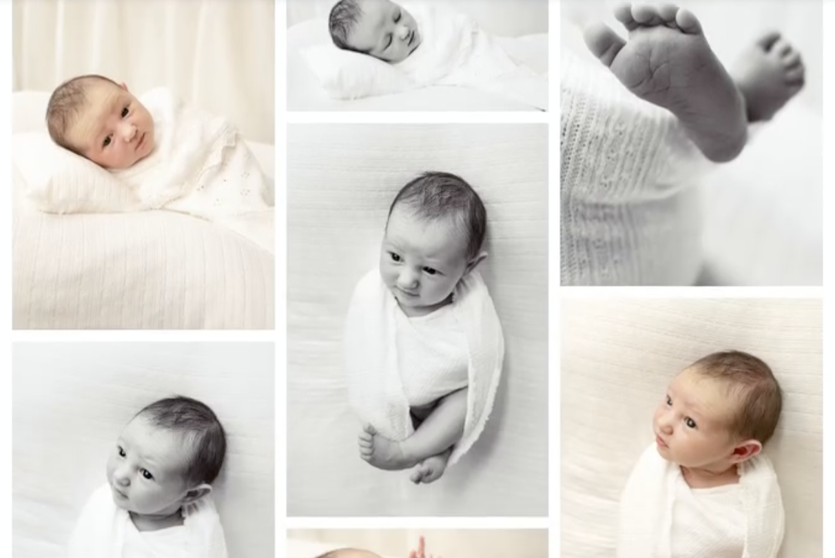 Collage of five black-and-white and color photographs of a baby girl with short dark hair, wearing a white wrap and blanket, lying on a light-colored surface, showing various facial expressions and gestures.