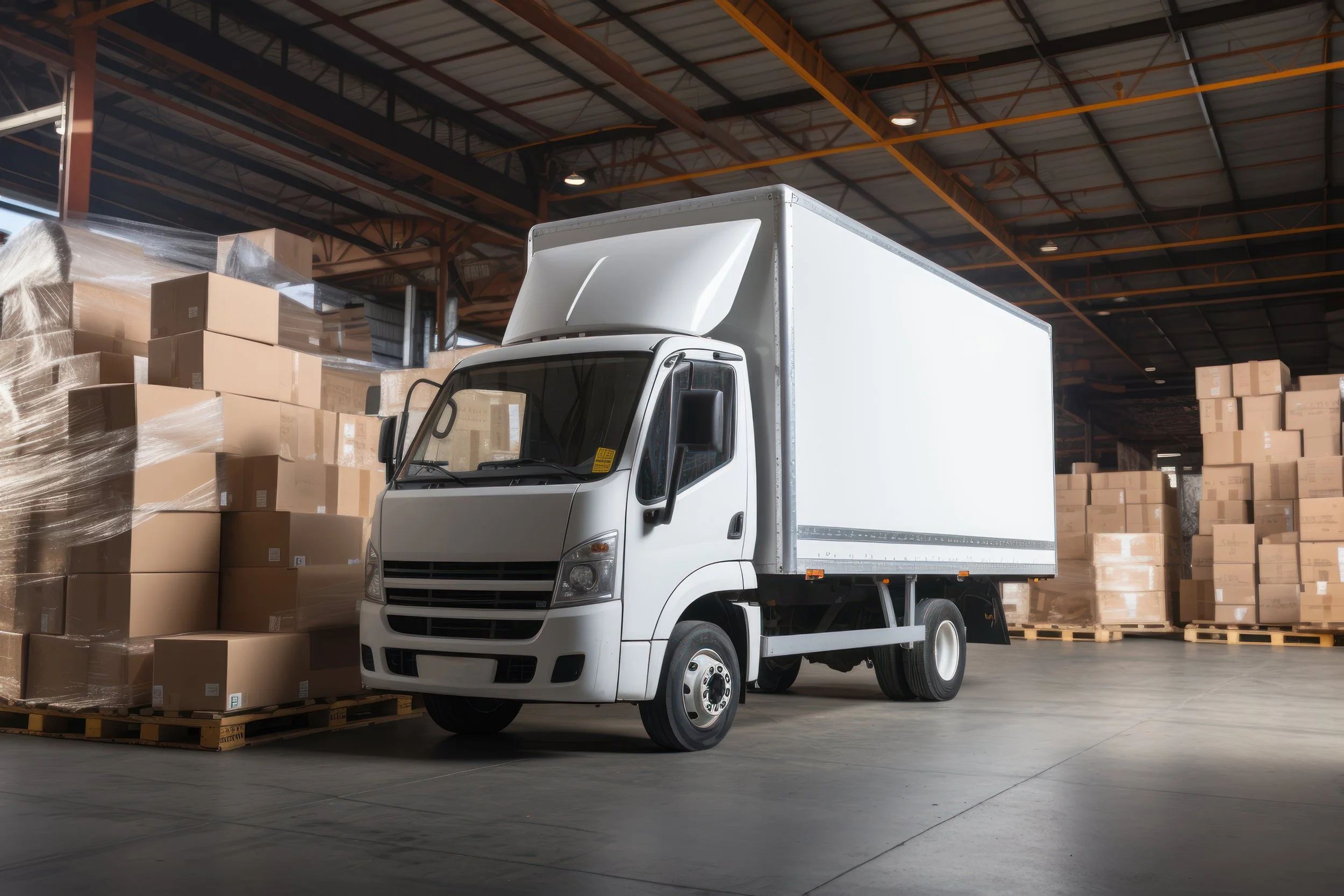 A white delivery truck parked inside a warehouse near stacked boxes on pallets.