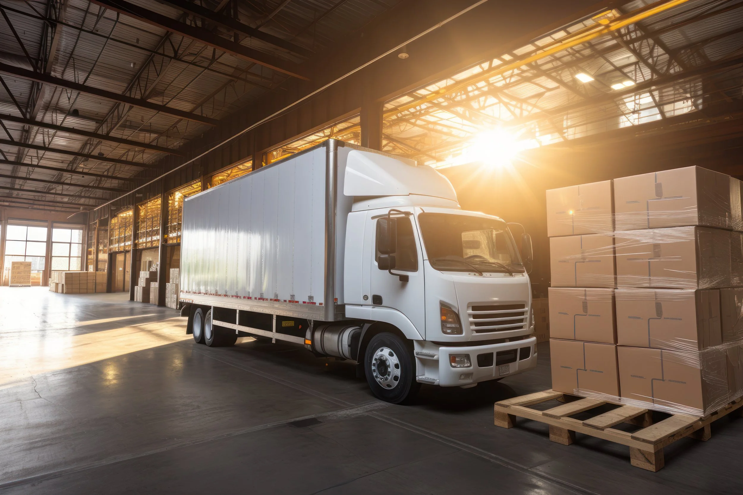Inside a warehouse with a white delivery truck parked next to a pallet of cardboard boxes wrapped in plastic, with sunlight streaming through the windows.