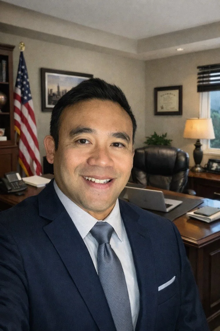 A man in a navy suit and gray tie taking a selfie in an office, with an American flag, framed certificates, a window with blinds, a desk with a laptop, and a lamp in the background.