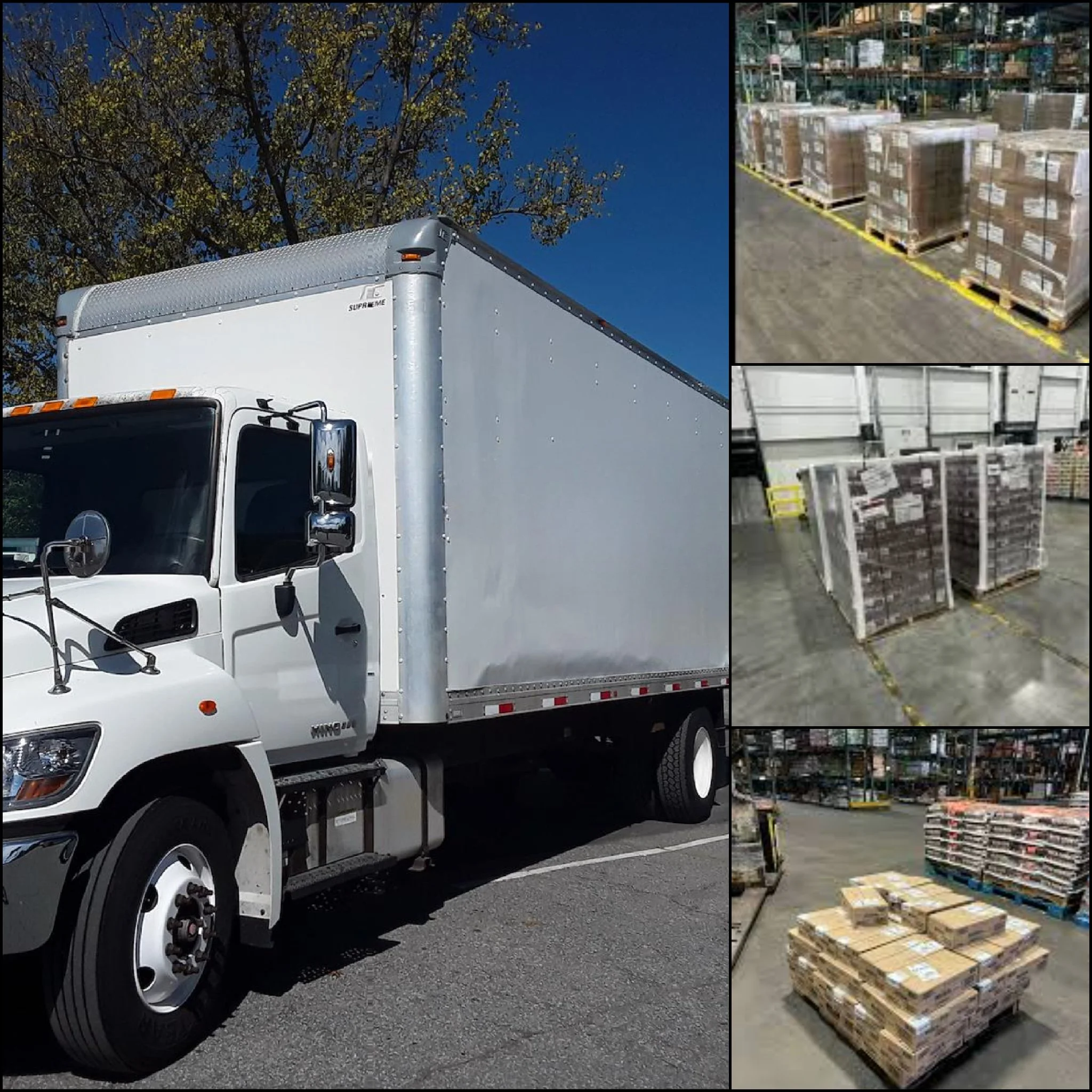 A white delivery truck parked outdoors with trees in the background. Additionally, images of warehouse shelves stacked with pallets of goods, and pallets loaded with boxed products on the warehouse floor.