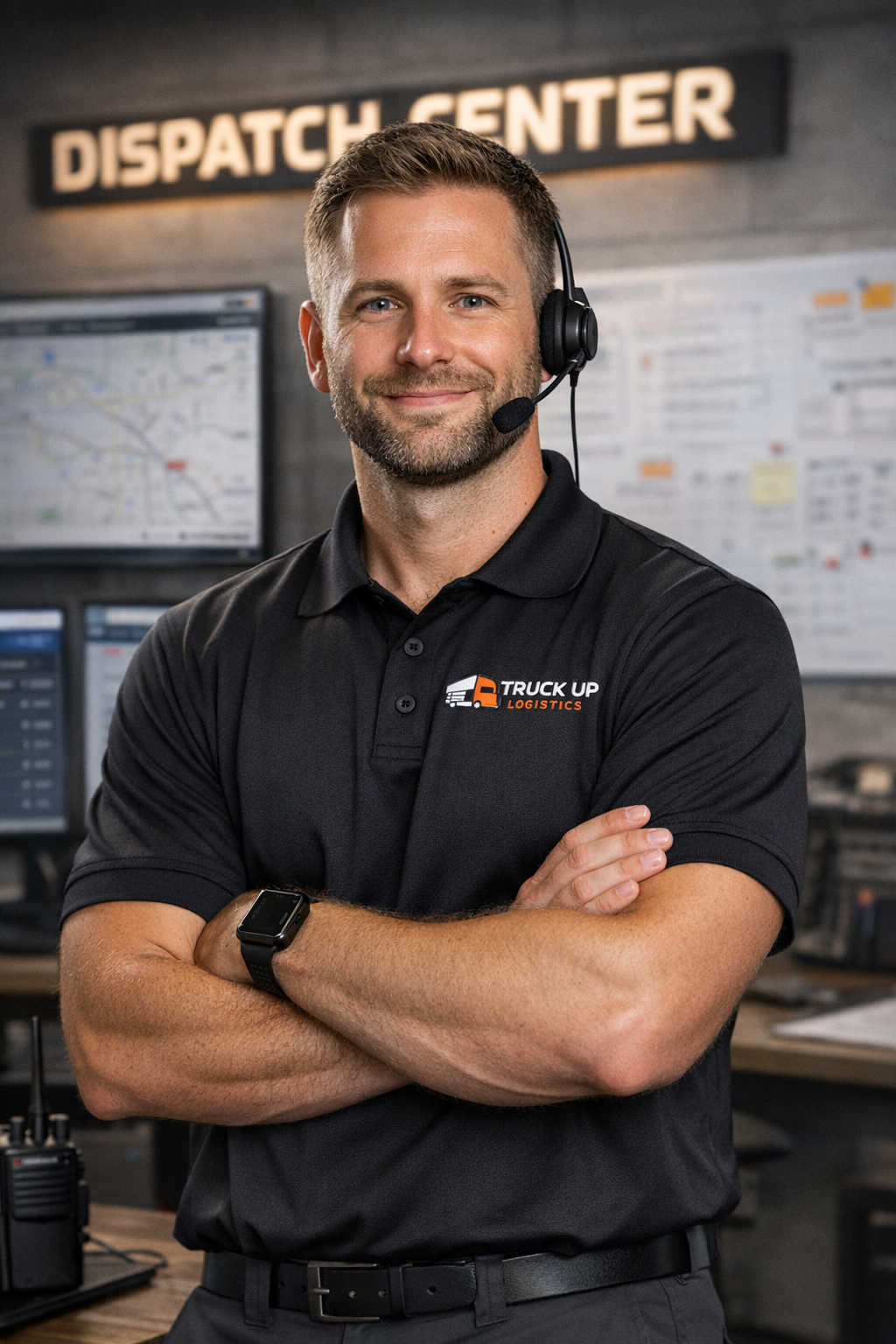 Man with short hair and beard wearing a black polo shirt with "Truck Up Logistics" logo, wireless headset, and smartwatch, standing with crossed arms in dispatch center with multiple screens and maps in background.