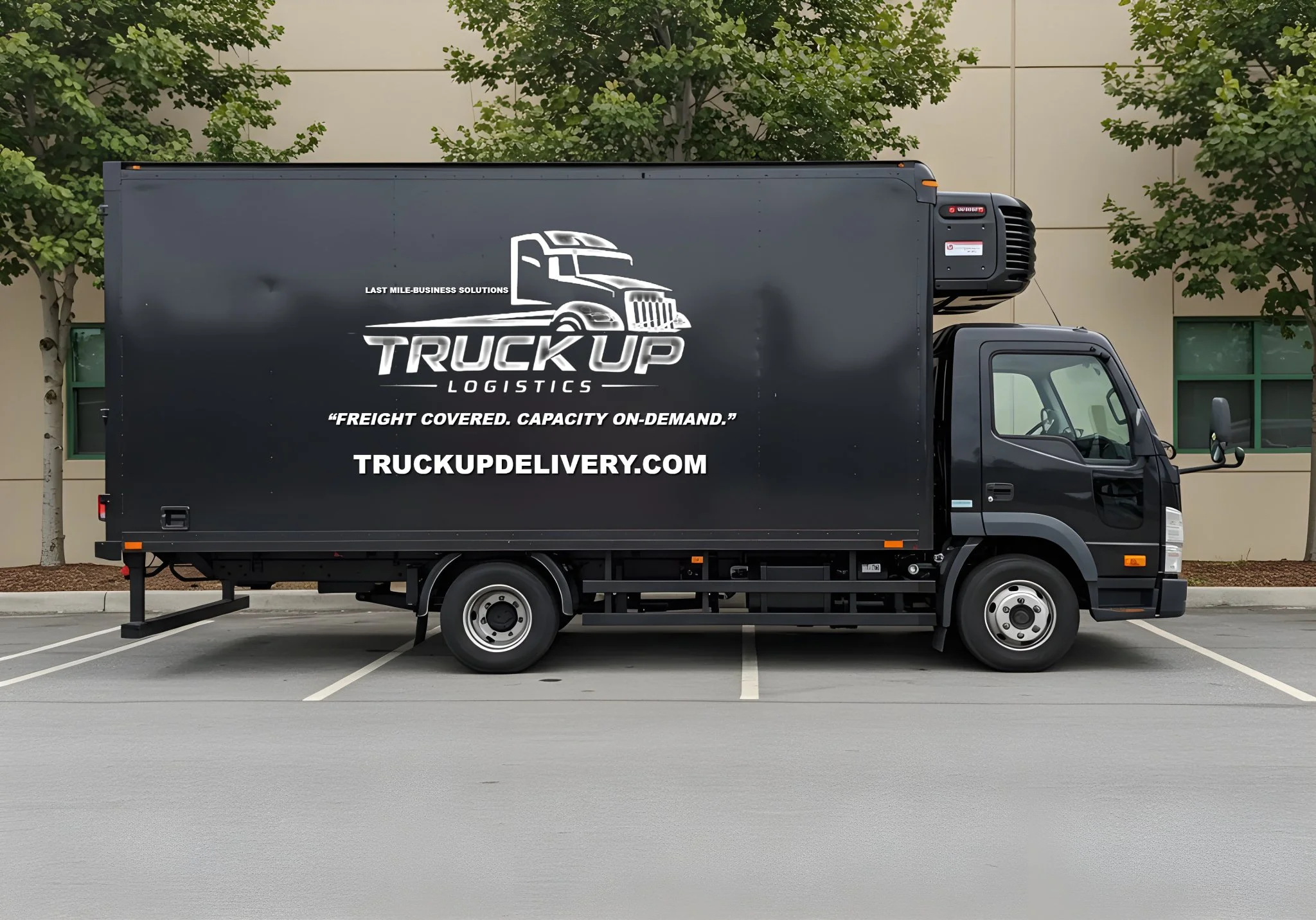 Black delivery truck with truck-up logistics logo and website on side, parked in a lot with trees and a beige building in the background.