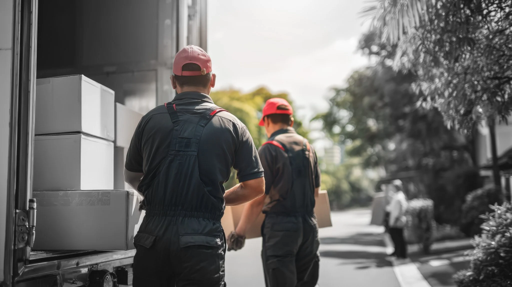 Two delivery workers wearing black uniforms and pink caps loading cardboard boxes into a truck on a sunny day.