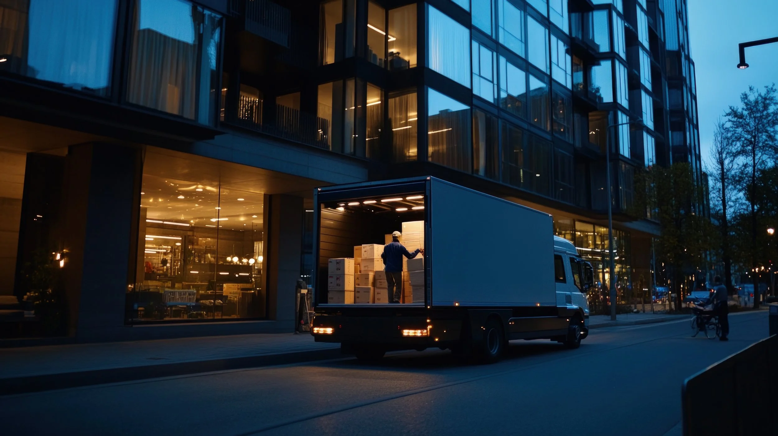 A person loading boxes into a delivery truck parked on a city street during evening hours, with a modern glass building illuminated in the background.