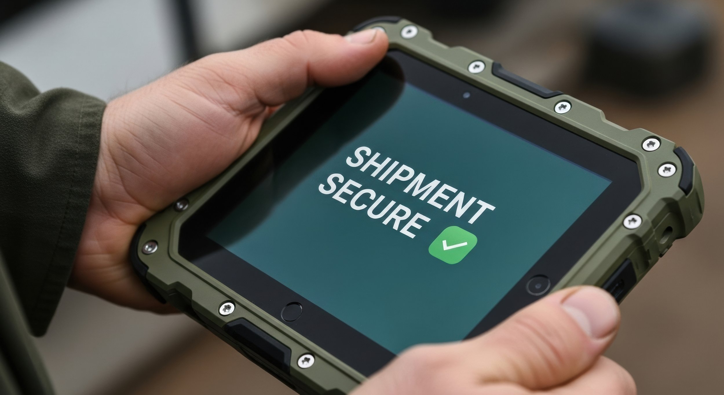 A person holding a rugged tablet displaying a screen that says 'Shipment Secure' with a green checkmark.