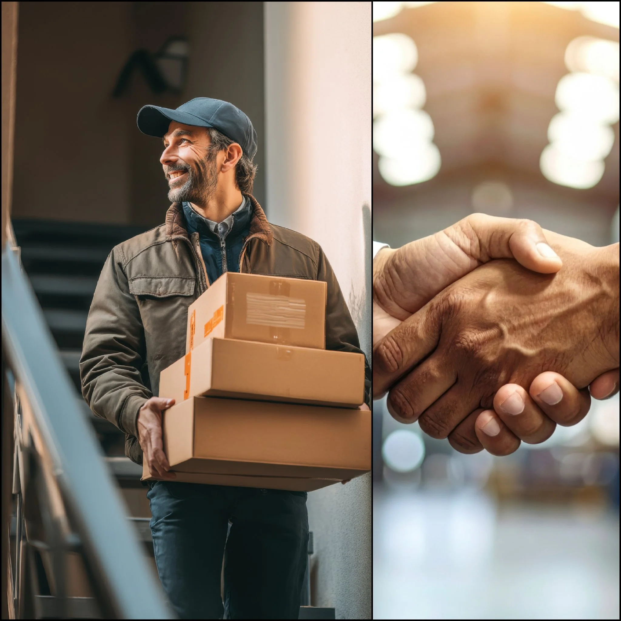 A man holding packages, smiling, in a warehouse or delivery setting on the left, and a close-up of two people shaking hands in an indoor business environment on the right.