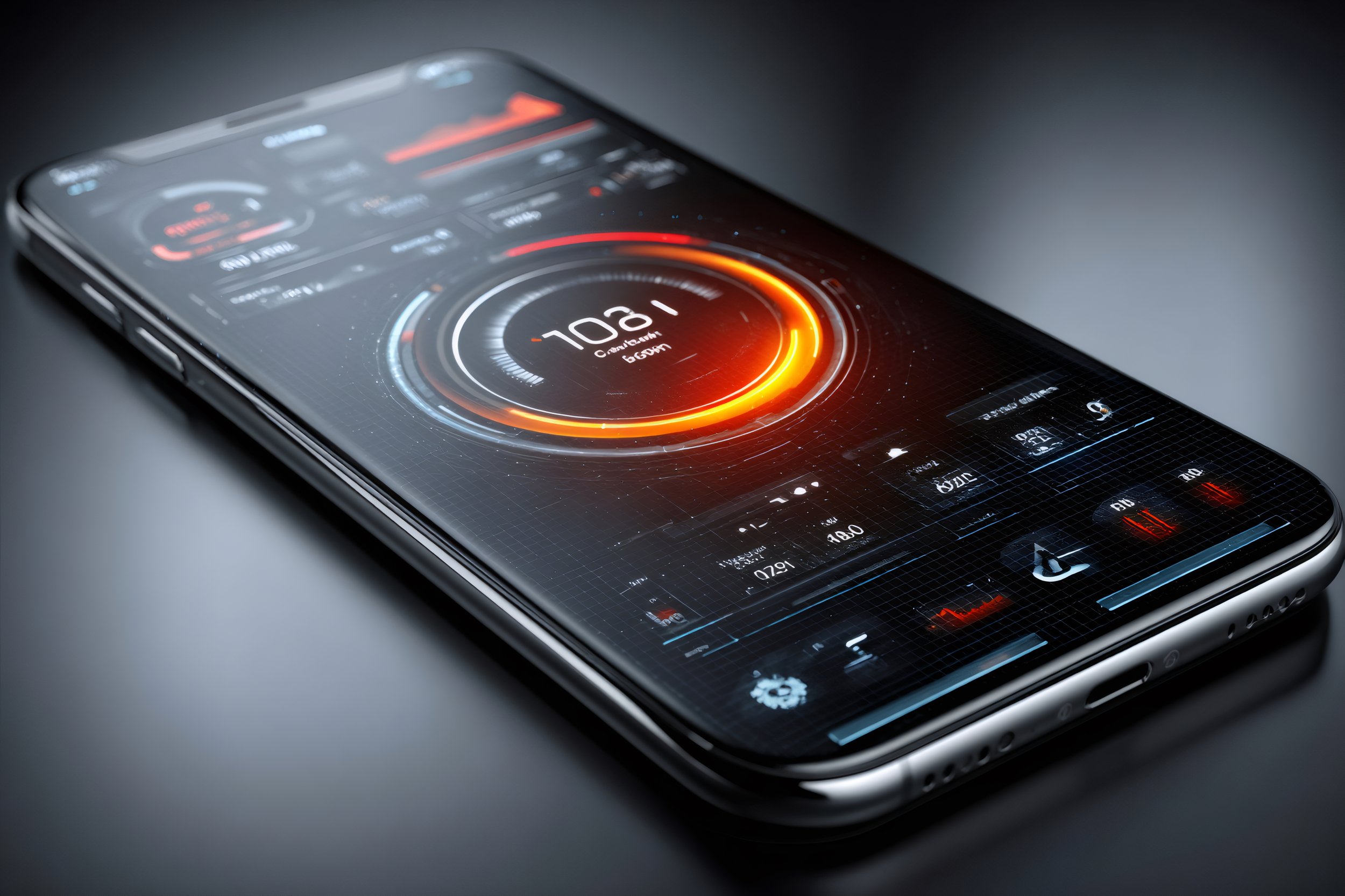 Close-up of a smartphone displaying a dark-themed digital audio mixing or DJ control app with glowing orange and blue indicators and controls.
