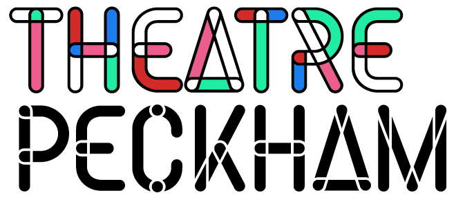 Logo for Theatre Peckham. Stylised text spelling 'THEATRE' in colour and 'PECKHAM' in black.