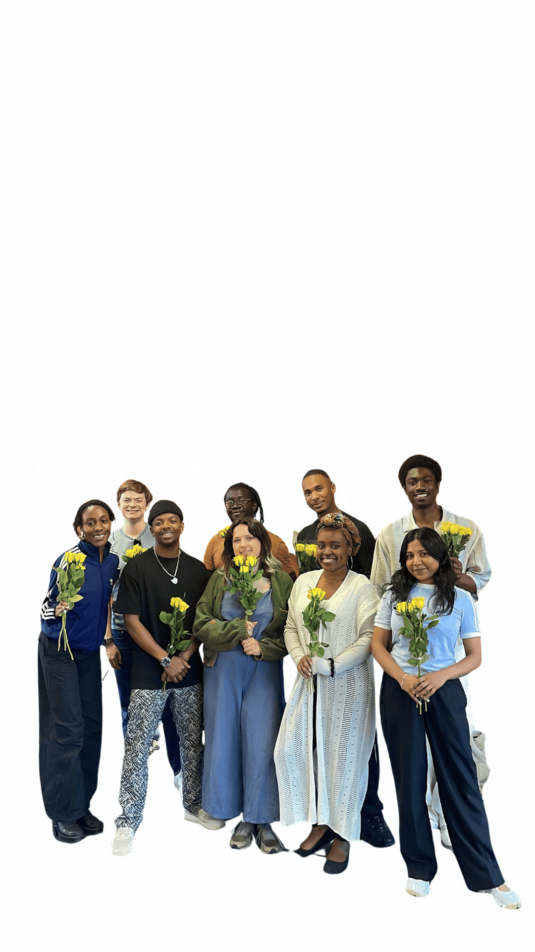 Visual Sauce creative team smiling and holding yellow flowers, standing together against a white background.