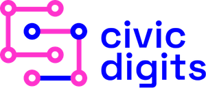 Logo of CivicDigits with pink and blue interconnected circuit lines and the text 'civic digits' in blue.