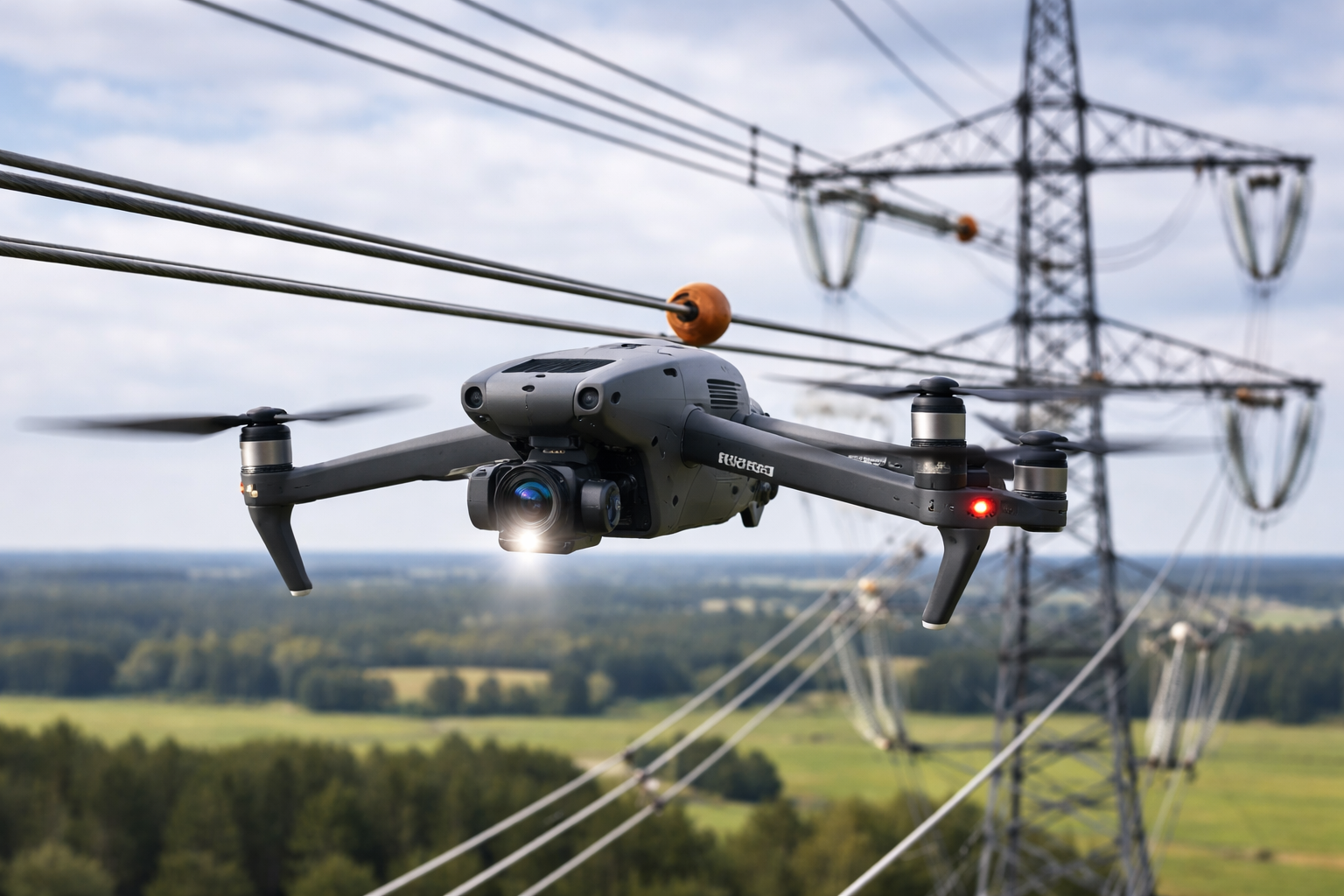 A drone flying near power lines and a transmission tower in a rural landscape.