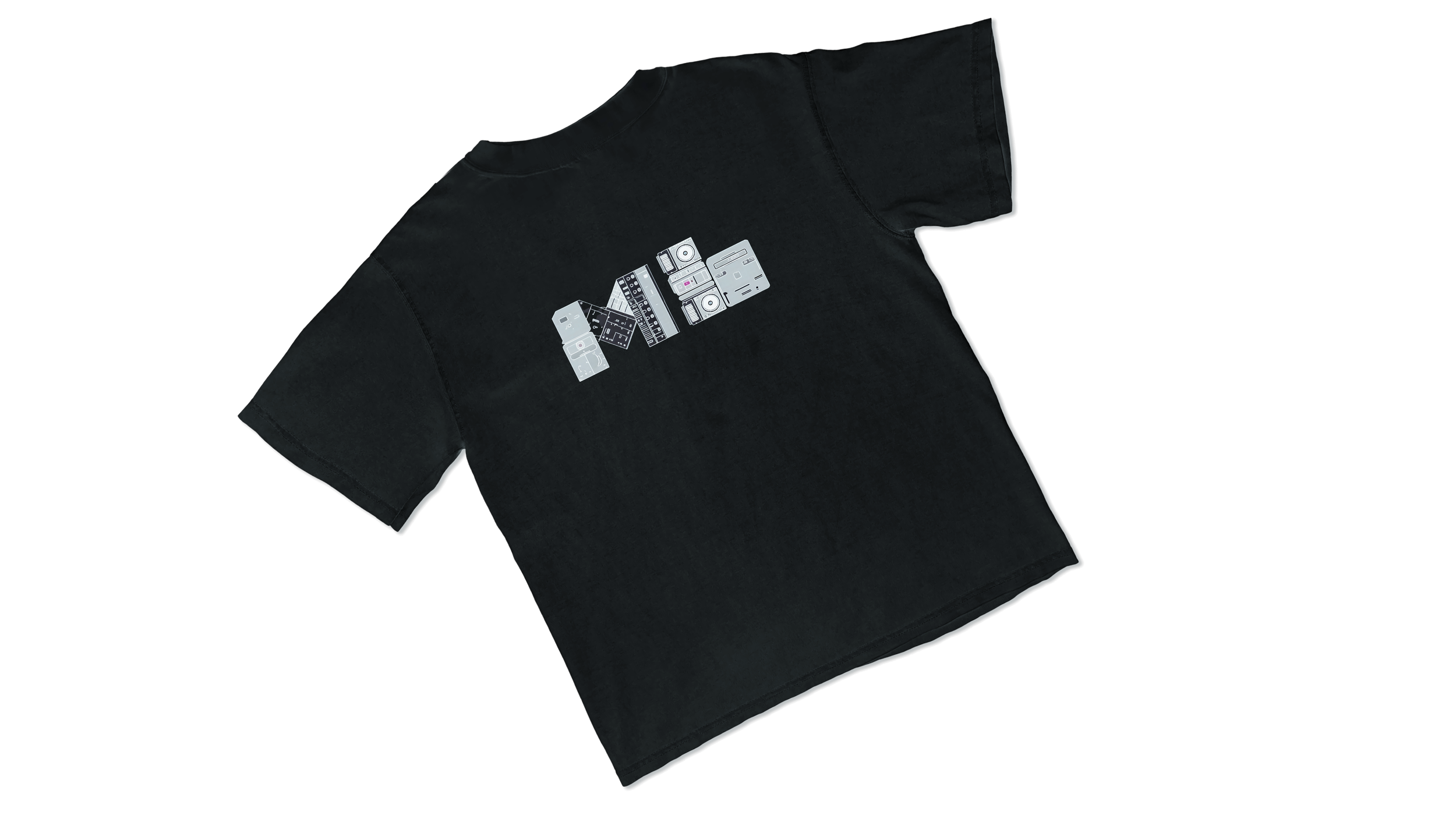 Black T-shirt with white pixel art graphic of various electronic devices forming the word "NO" on the front.