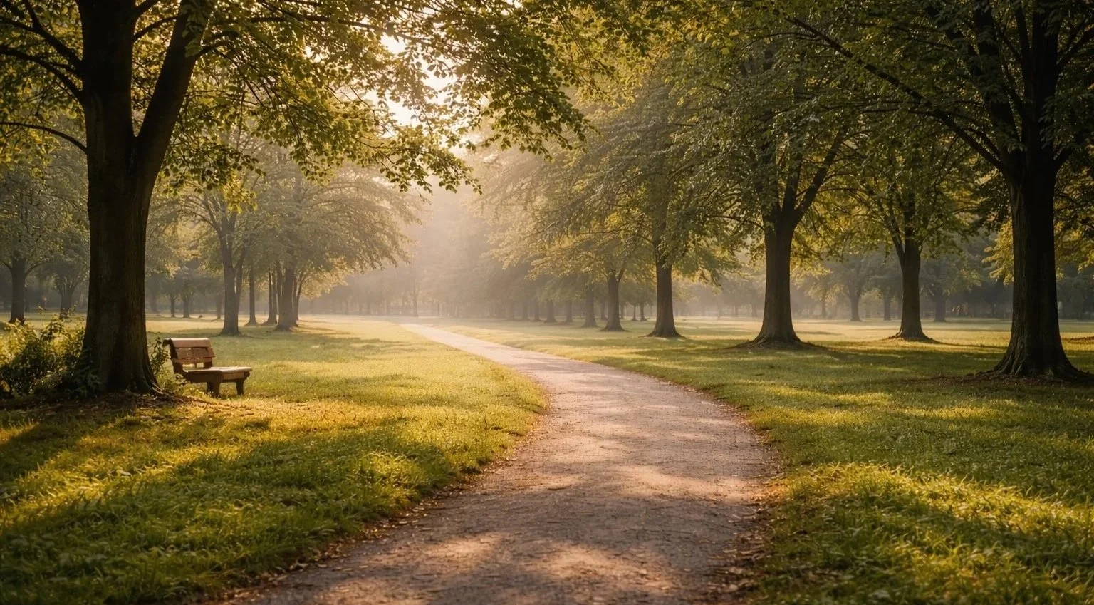 A park scene with a winding dirt path lined by large trees and a wooden bench on the left side, during sunrise or sunset.