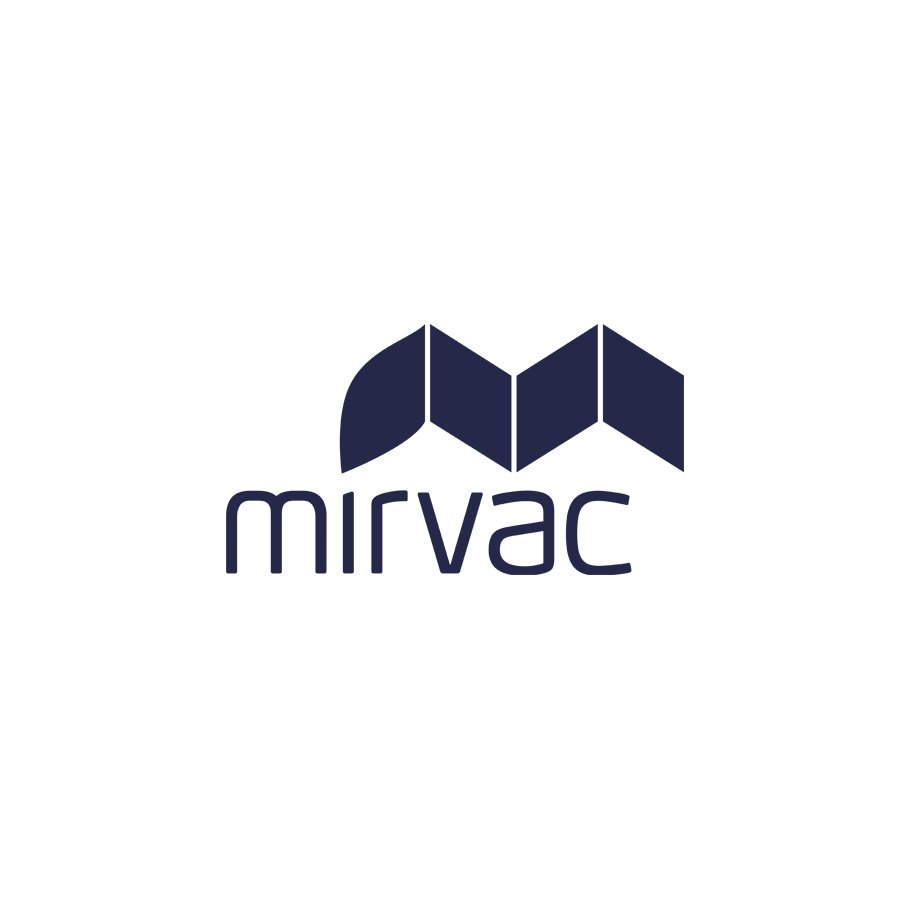 Mirvac logo with stylized dark blue abstract icon and lowercase text on a white background.