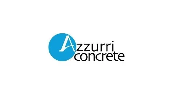 Logo for Azzurri Concrete featuring a blue circle with a stylized white letter A and the company name written in black.
