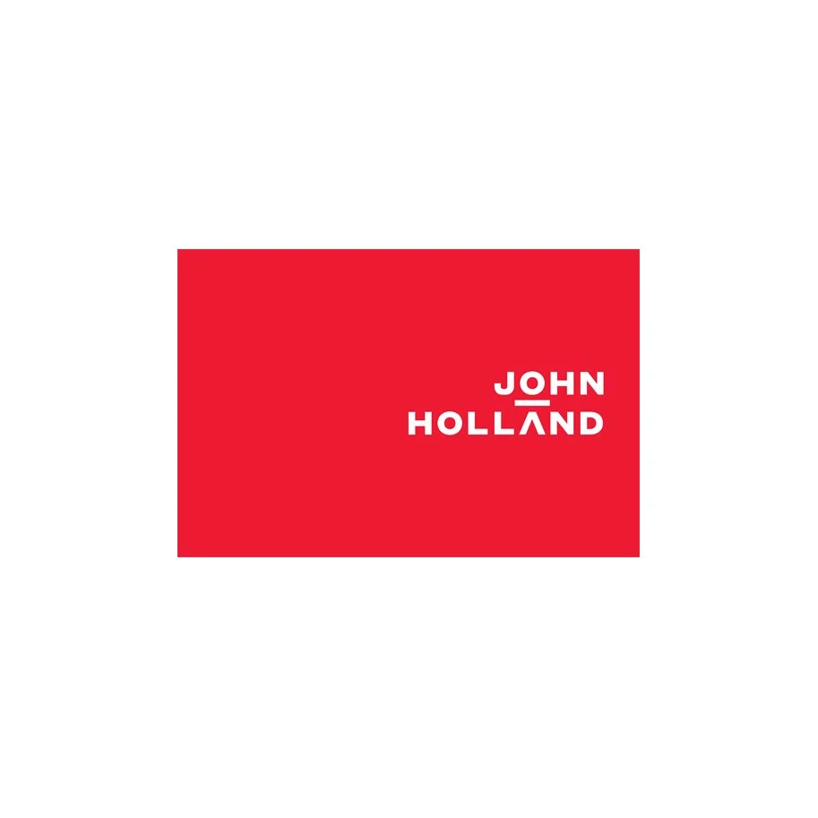 Red square with white text reading 'John Holland' on a plain white background.