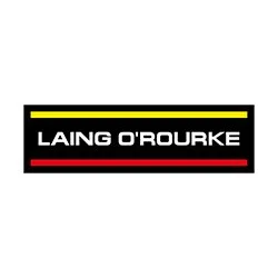 Laing O'Rourke logo with yellow, white, and red lines on a black background
