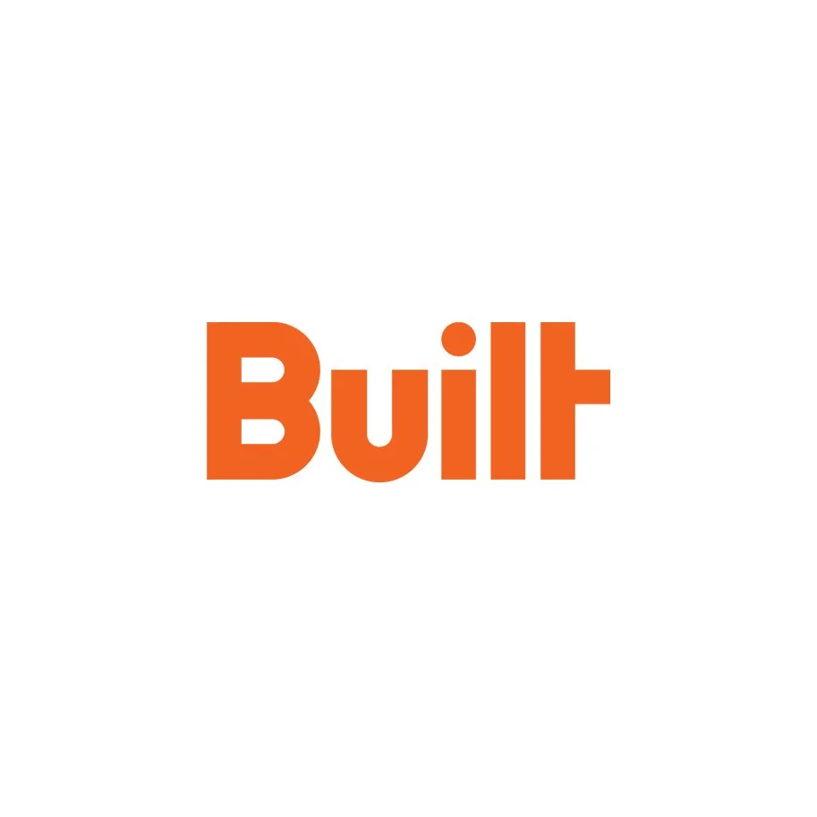 The word 'Built' in large, bold orange text on a white background.