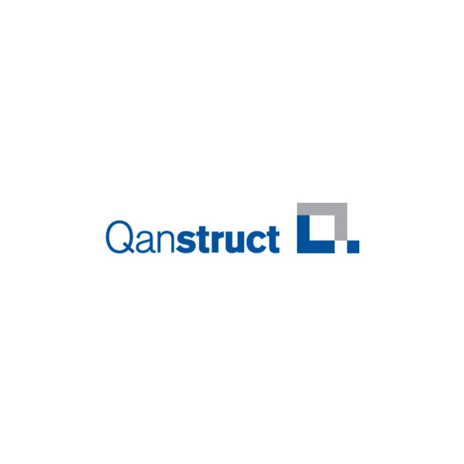 The logo features the word 'Qanstruct' with a stylized L-shaped graphic in grey and blue.