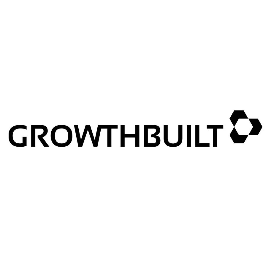 Black and white logo with the word 'GROWTHBUILT' and a hexagon symbol to the right.