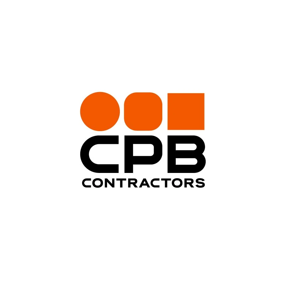 Logo for CPB Contractors featuring three orange geometric shapes above the bold black text 'CPB' and smaller black text 'Contractors' below.