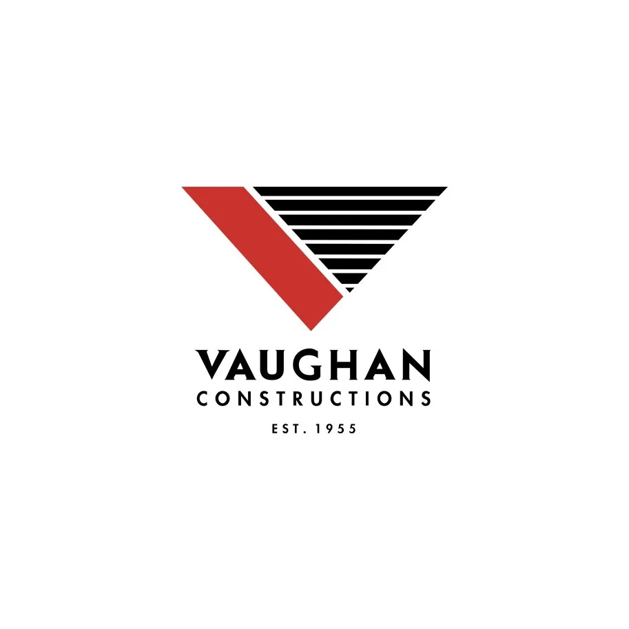 Logo for Vaughan Constructions with a red and black geometric triangle and horizontal lines, established in 1955.