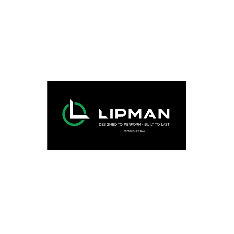Logo for Lipman featuring a stylized clock with green and white accents, the brand name in white uppercase letters, and the tagline 'Designed to Perform · Built to Last' on a black background, established 1966.