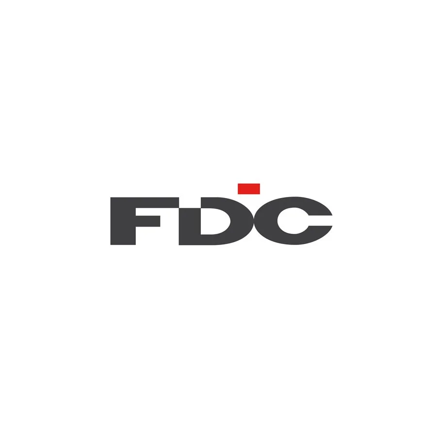 The FDC logo with black letters and a red accent on the top of the letter D.