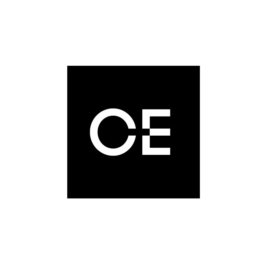 Logo with a black square background and white stylized letters 'CE' with a horizontal line crossing through the middle