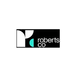 Roberts Co logo featuring abstract geometric shapes in black, white, and teal with lowercase text.